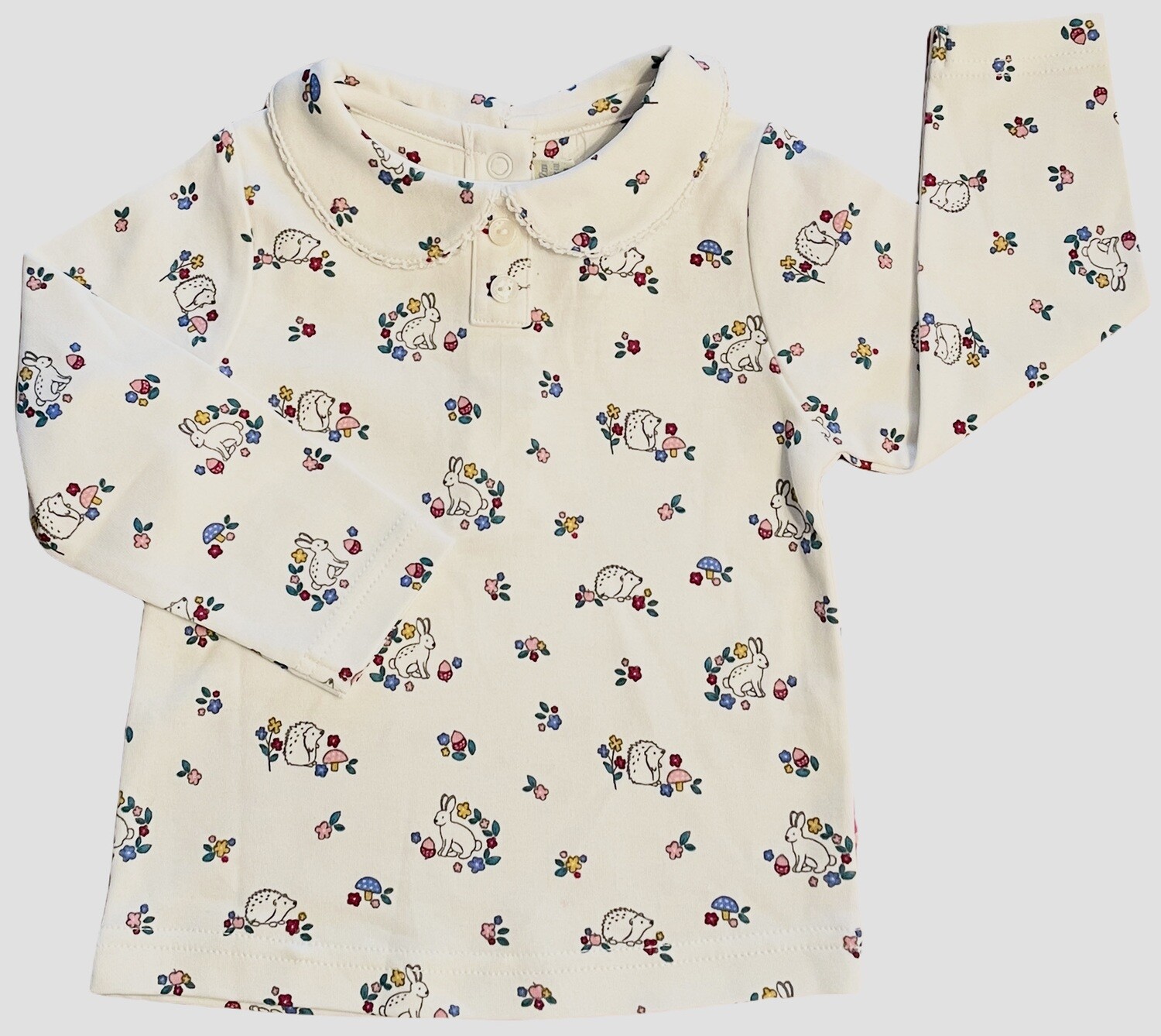all over print Peter pan collared l/s tees 6-12, pattern: hedgehog/bunny E5701