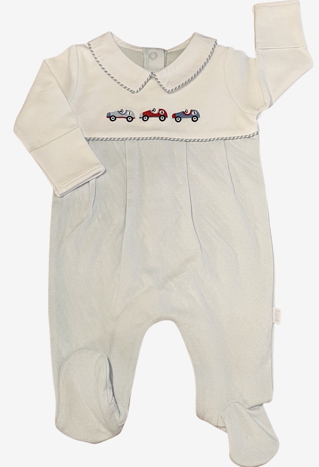 race car embroidered/pointelle footie nb