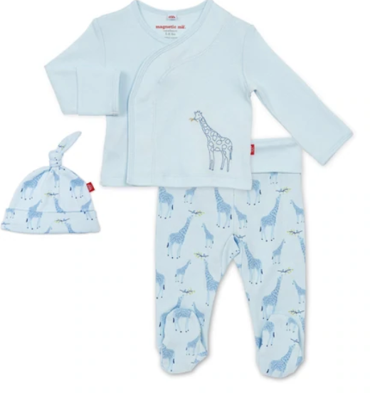 Blue Jolie Giraffe Organic Magnetic 3pc Kimono Set
