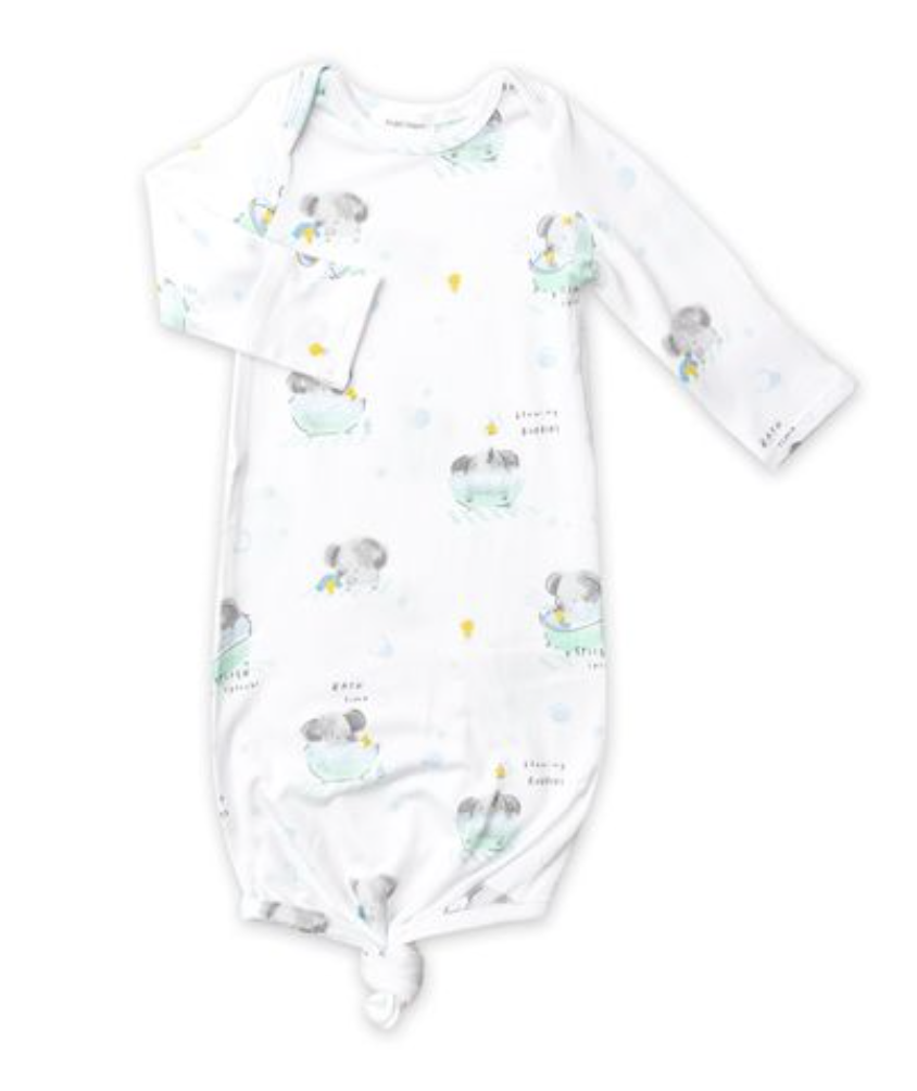 Bathtime Elephants/ White Knotted Gown 0-3M