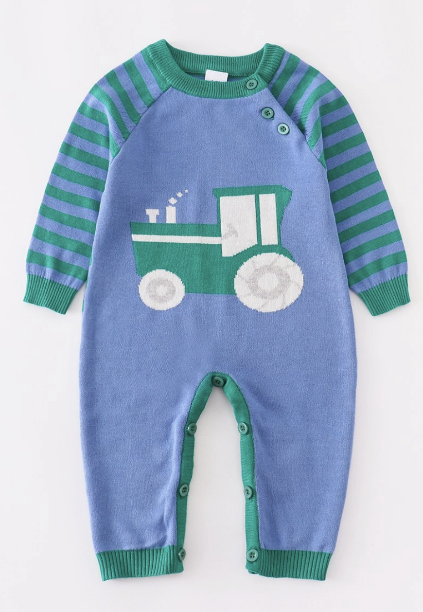 Tractor knit baby romper