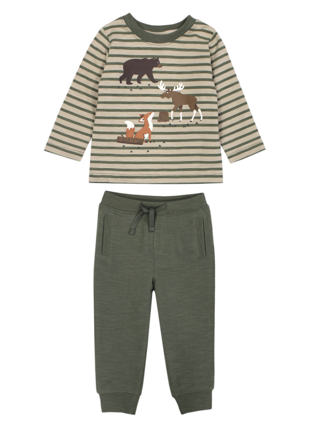 Multi animal stripe top with olive terry pant set