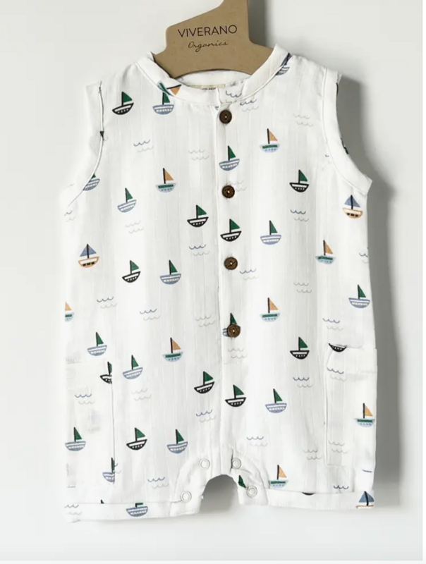 Sailboat sleeveless side pocket baby romper