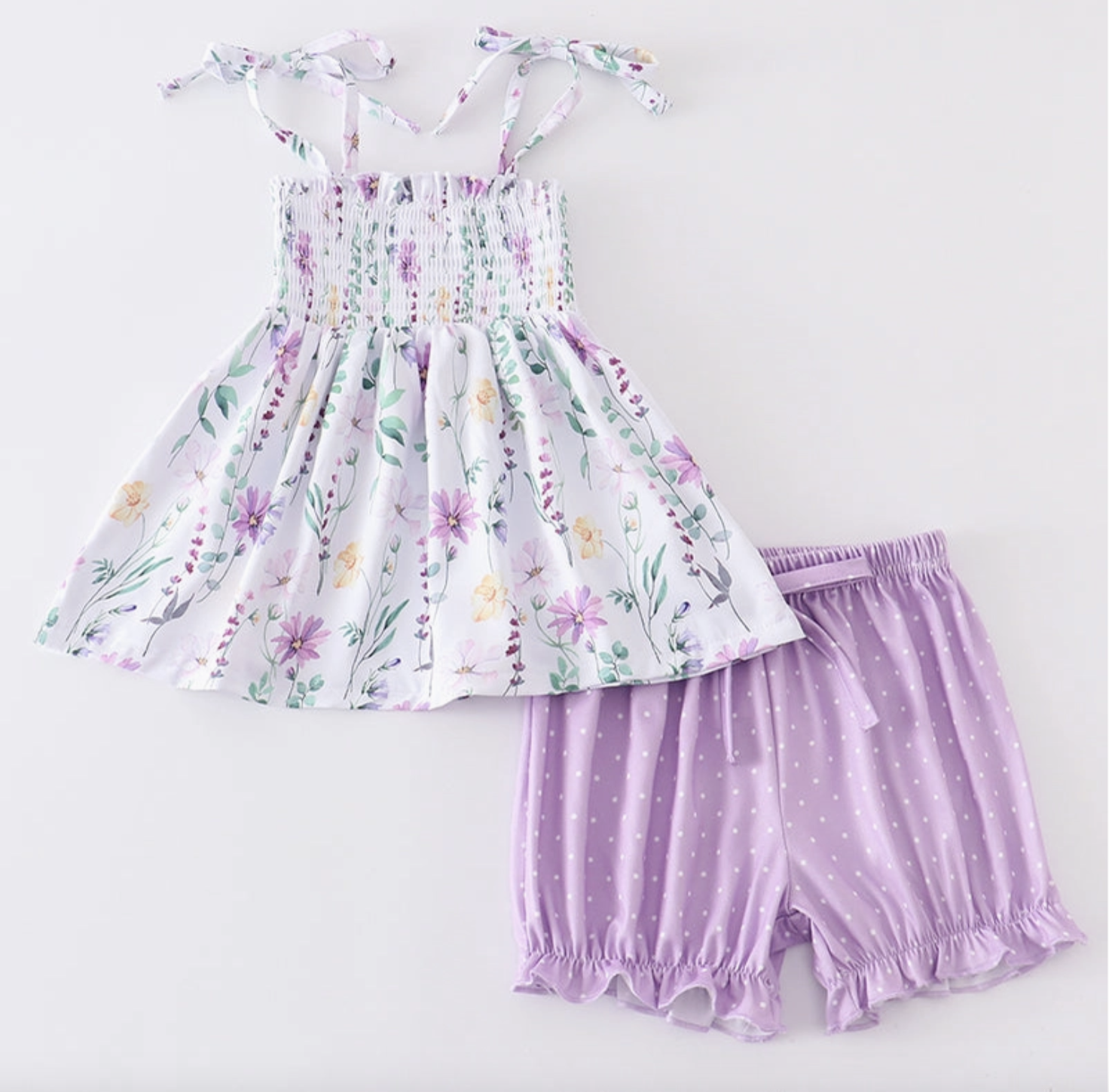 purple floral print smocked strap set