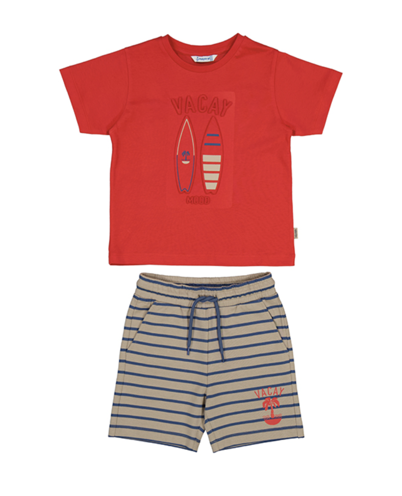 3607 Red Surfboard Tee &amp; Striped Shorts Set