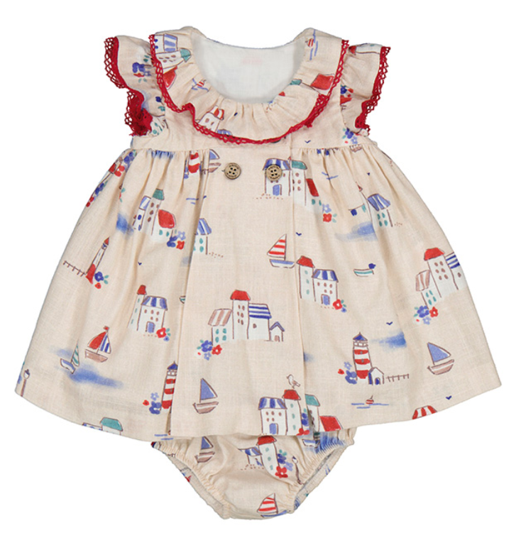 1830 Beige Ruffle Collar Nautical Printed Dress