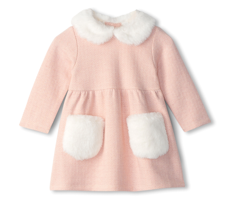 Pink Herringbone Fur Trim Dress