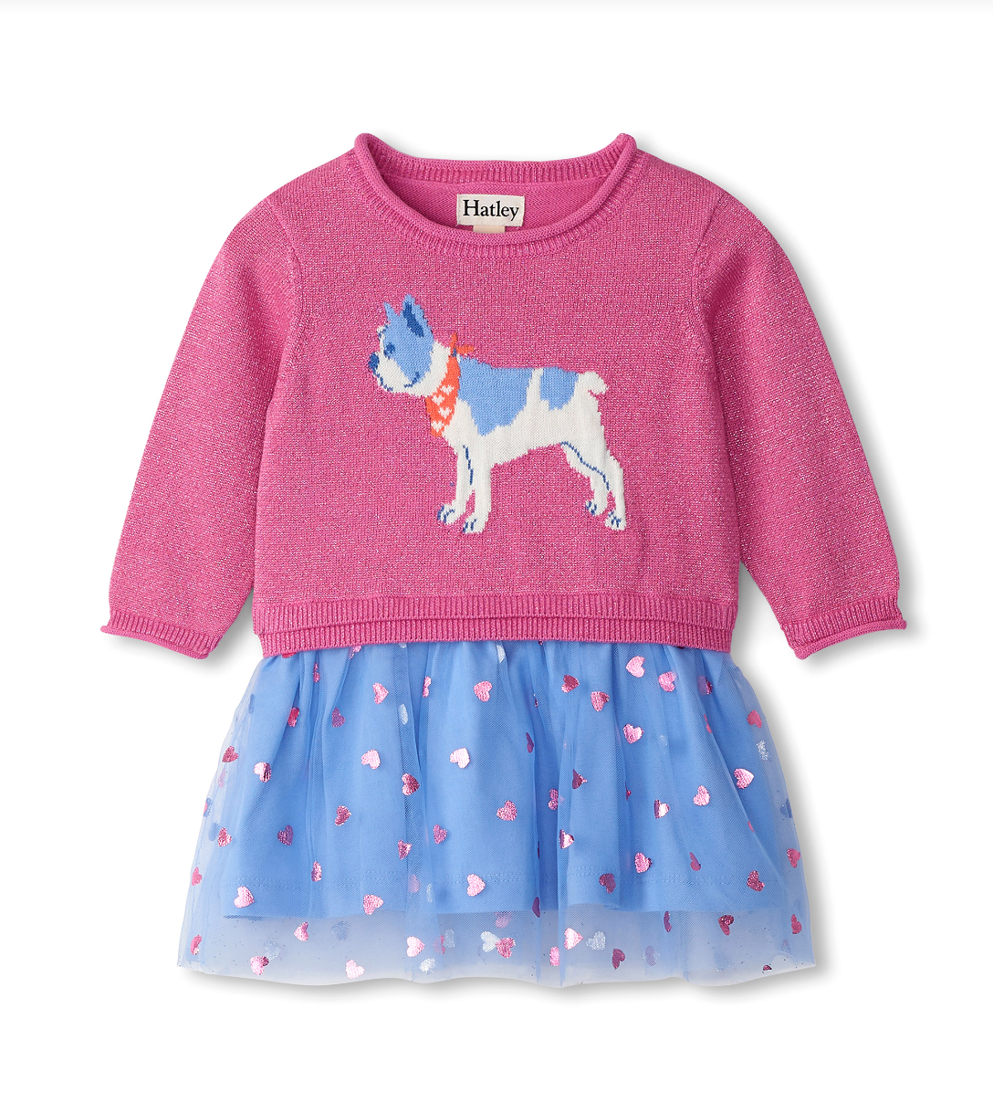 French Bulldog Drop Waist Sweater Knit Dress
