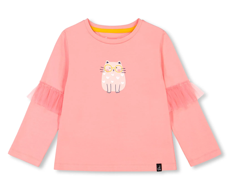 F20E70 Pink Printed Cat Tee with Ruffle Sleeve