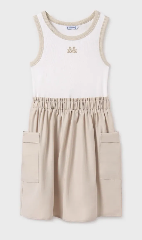 6980 Beige and White Sleeveless Dress