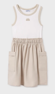 6980 Beige and White Sleeveless Dress