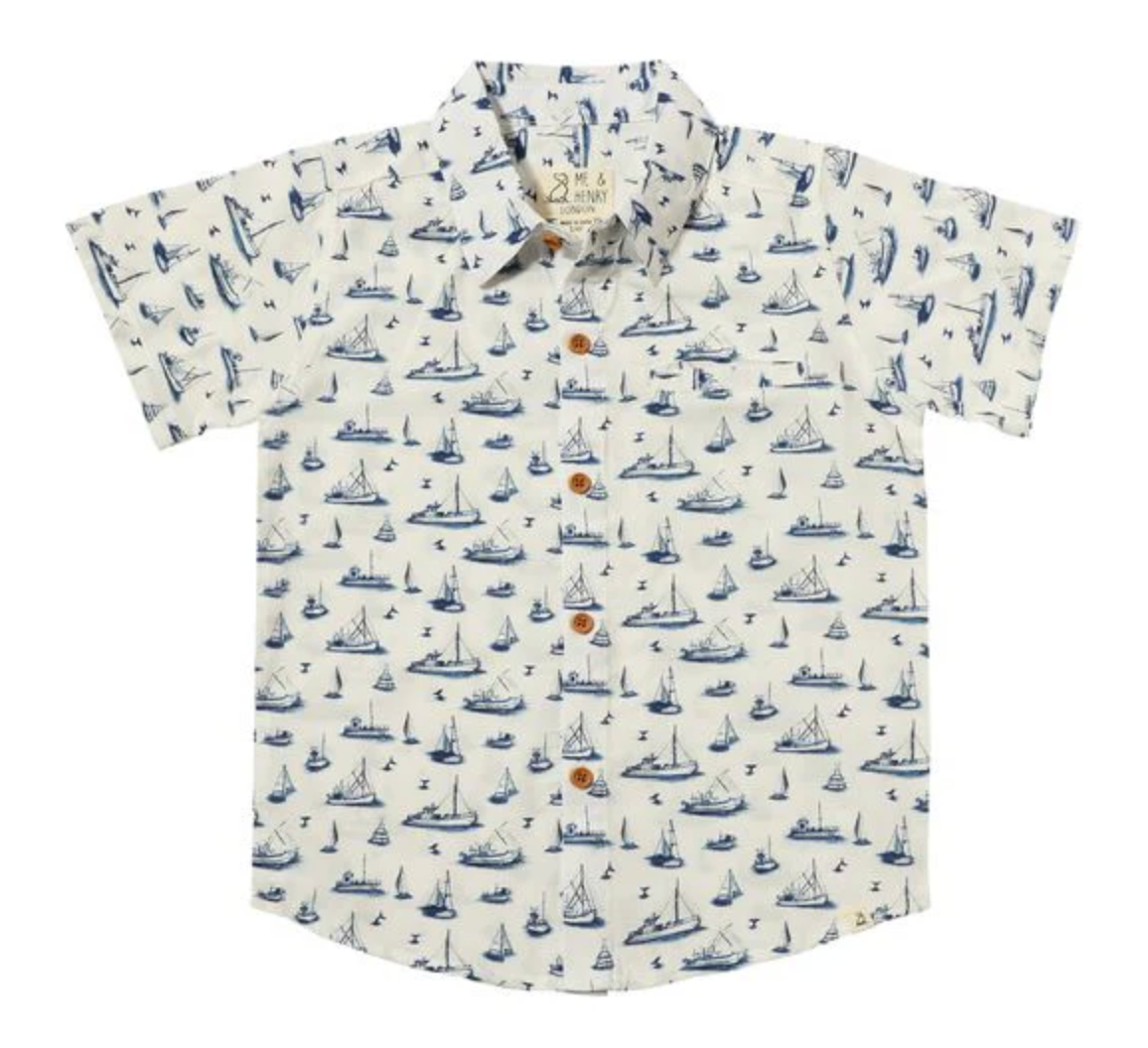 Navy Boats Collared Button-Up Shirt