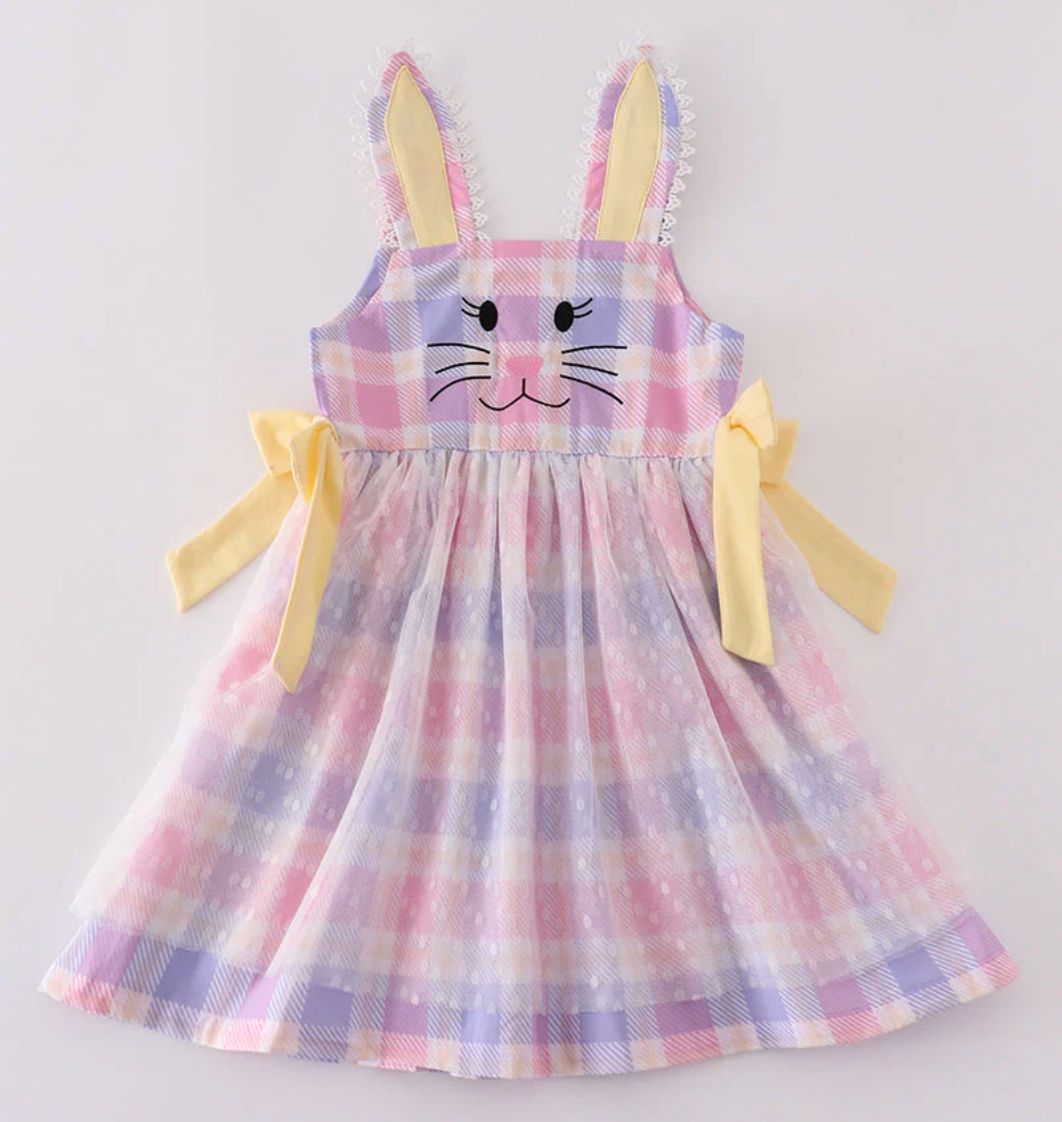 Premium Pink Bunny Bow Plaid Dress