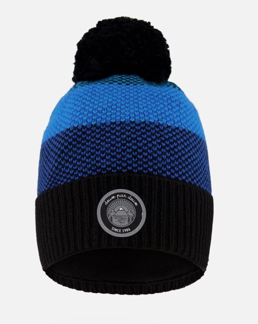H10Z59 Mixed Blue Stripes Knit Pom Pom Lined Hat