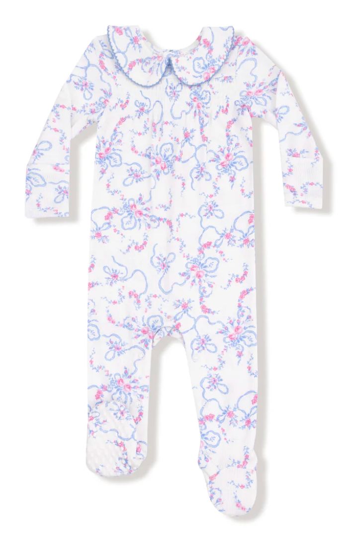 Smocked Peter Pan Snap Footie -Ribbon Floral Fling