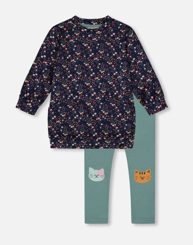 H20E11 Tunic &amp; Leggings Set Floral &amp; Kitties