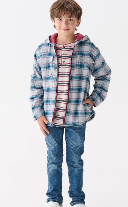 Charcoal &amp; maroon plaid lined hooded jacket