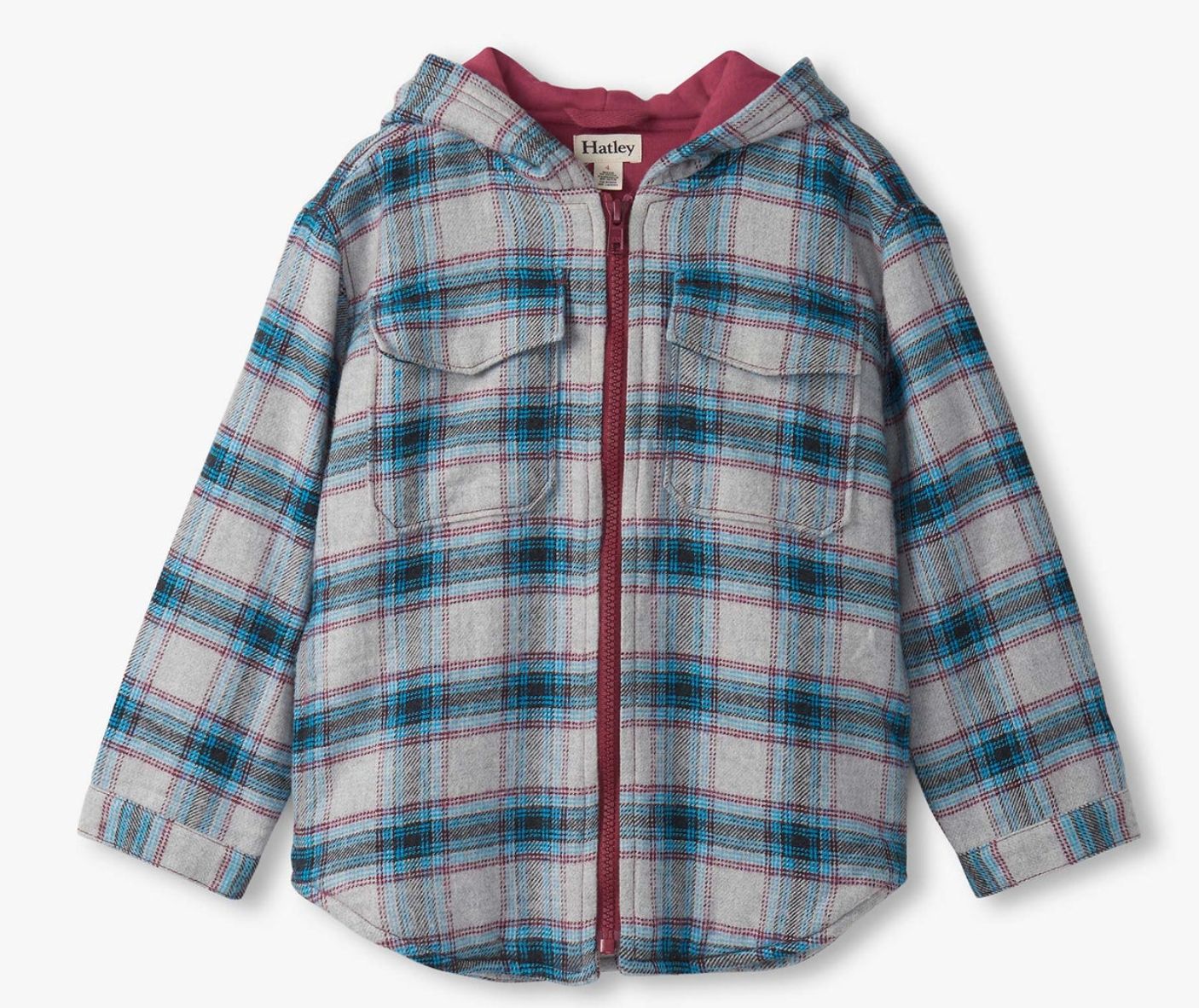 Charcoal &amp; maroon plaid lined hooded jacket