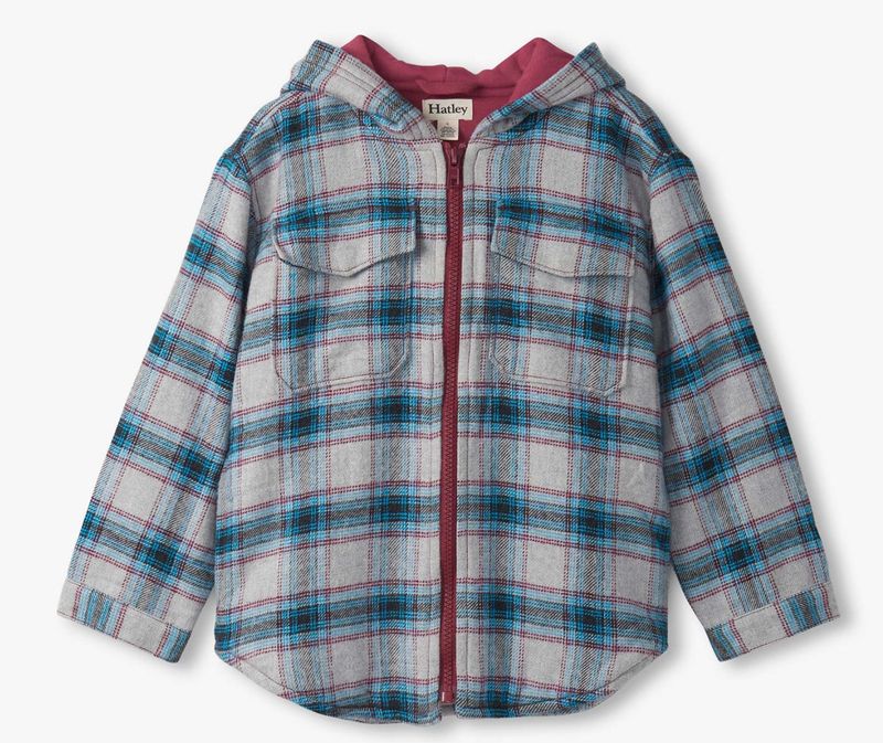 Charcoal &amp; maroon plaid lined hooded jacket