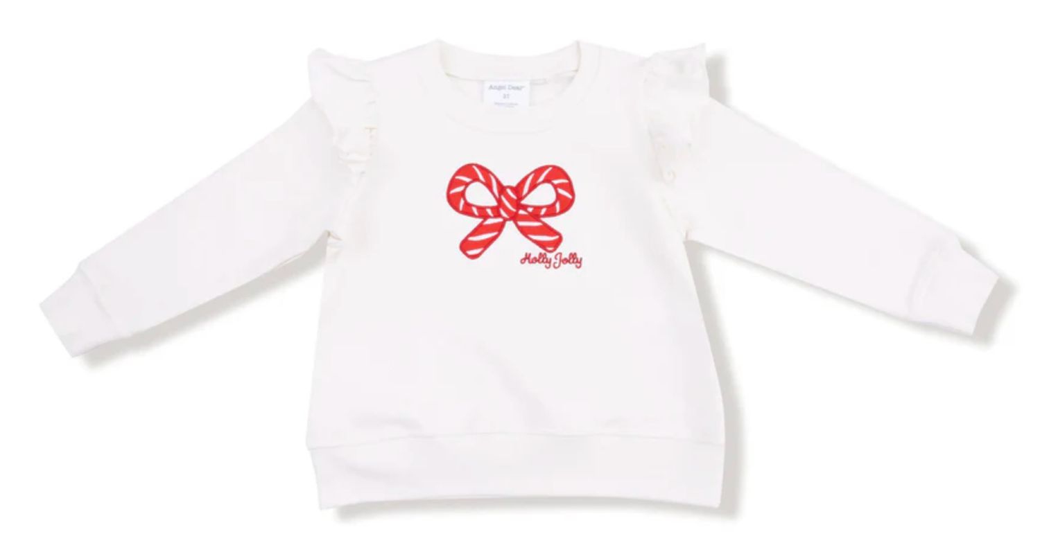 Ruffle Shoulder Sweatshirt Holly Jolly Bow