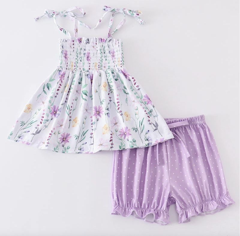 purple floral print smocked strap set