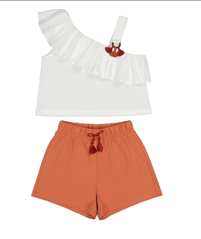 6273 White Ruffle Top &amp; Orange Shorts Set