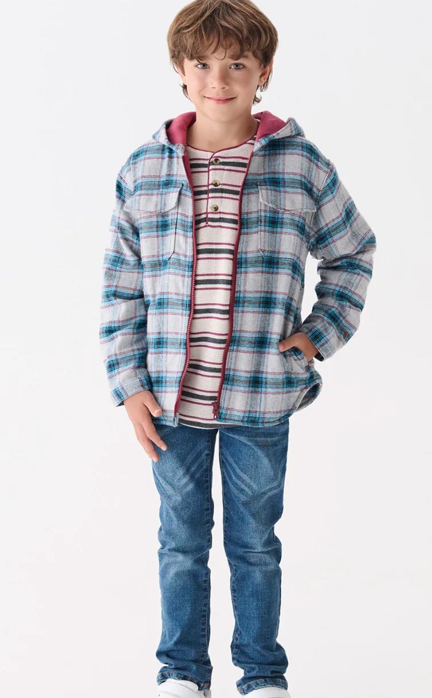 Charcoal &amp; maroon plaid lined hooded jacket
