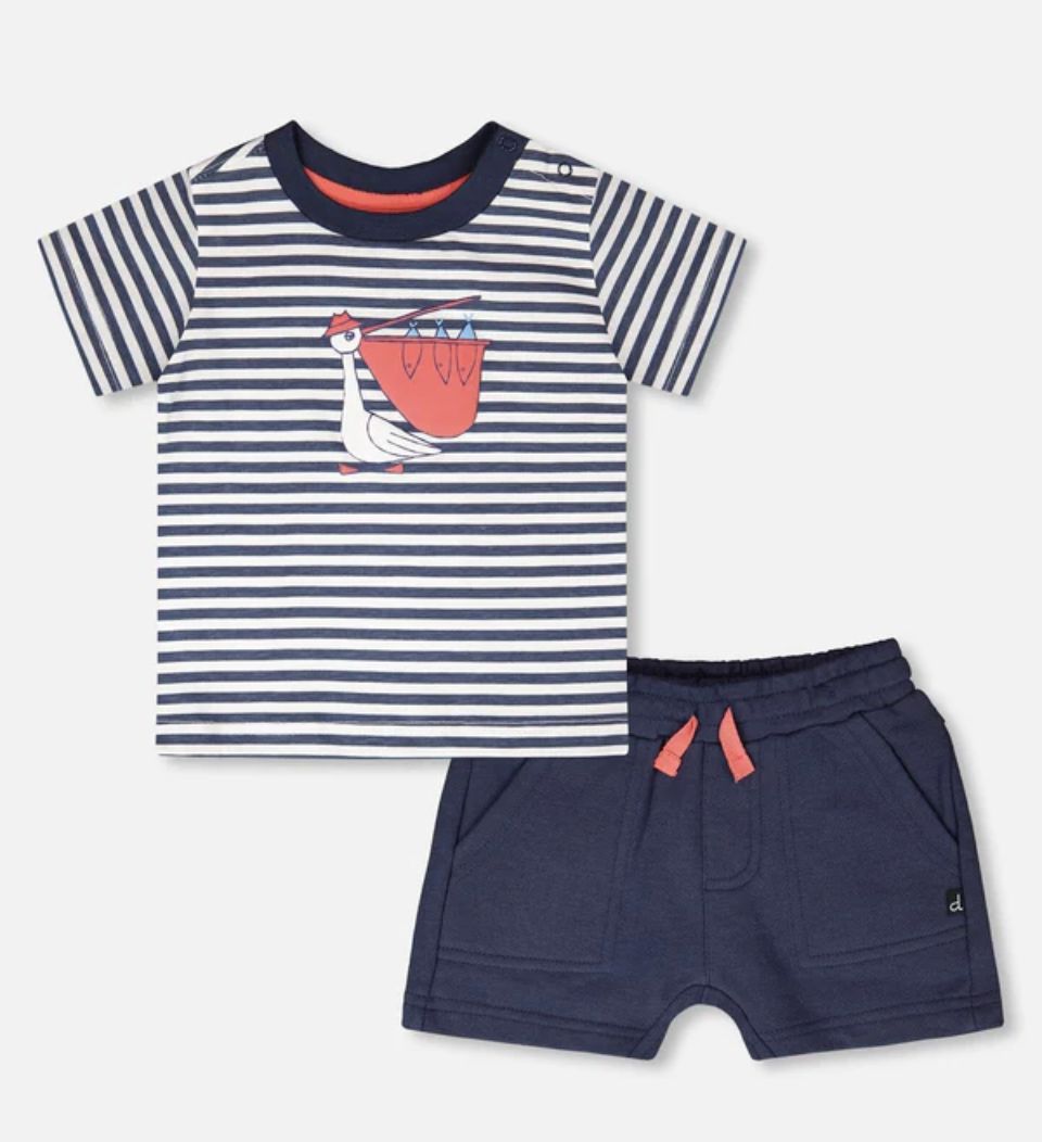 H30T10 T-Shirt &amp; Short Set- Pelican w/Navy Stripes