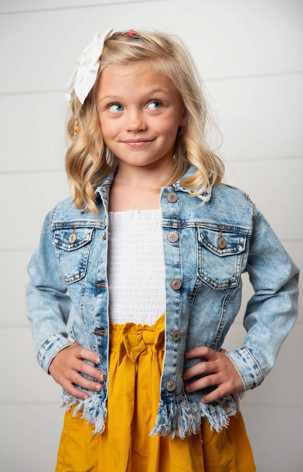 Kids Light Wash Faded Denim Fringe Jacket