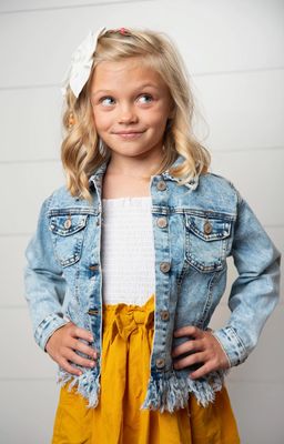 Kids Light Wash Faded Denim Fringe Jacket