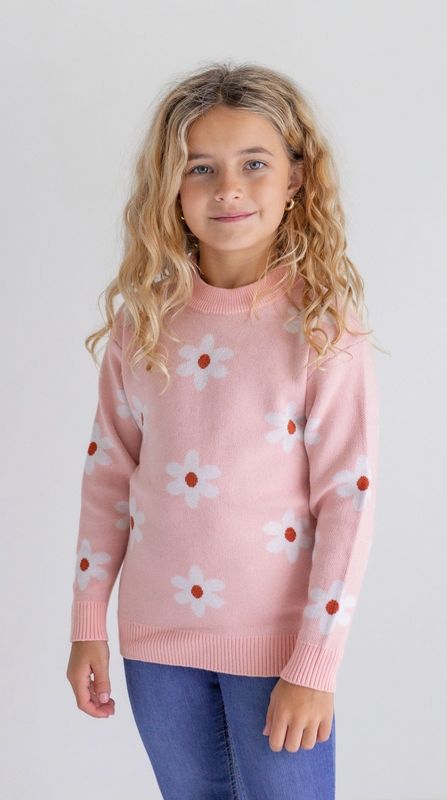 Kids Blush Pink Flower Crew Neck Sweater