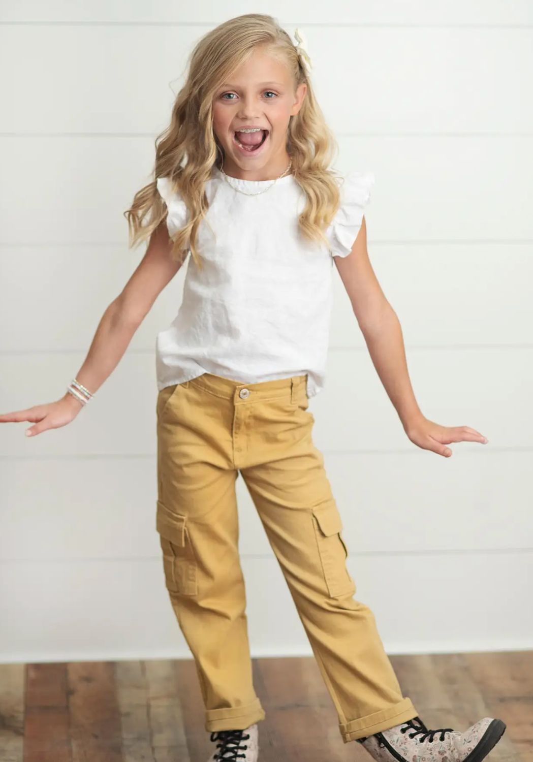 Kids Mustard Khaki Denim Cargo Jeans with Pockets