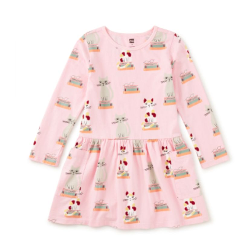 Long Sleeve Pocket Dress Bookshop Cats