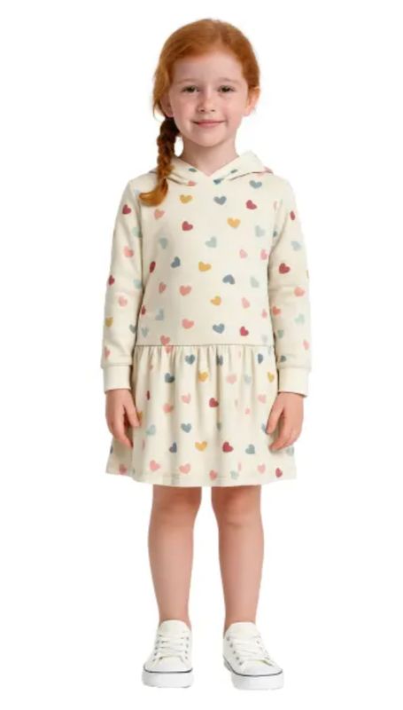 Hooded dress with an all-over heart print