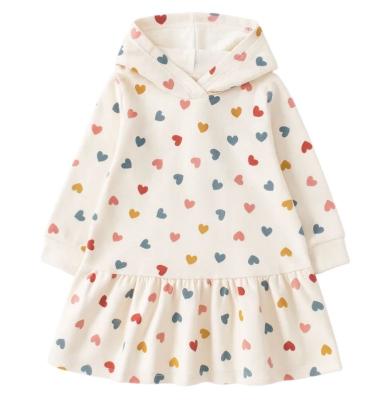 Hooded dress with an all-over heart print