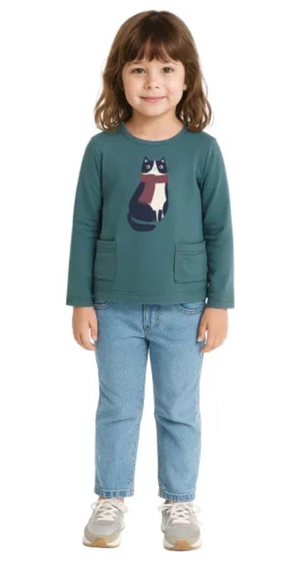 Cat graphic L/S front pocket top