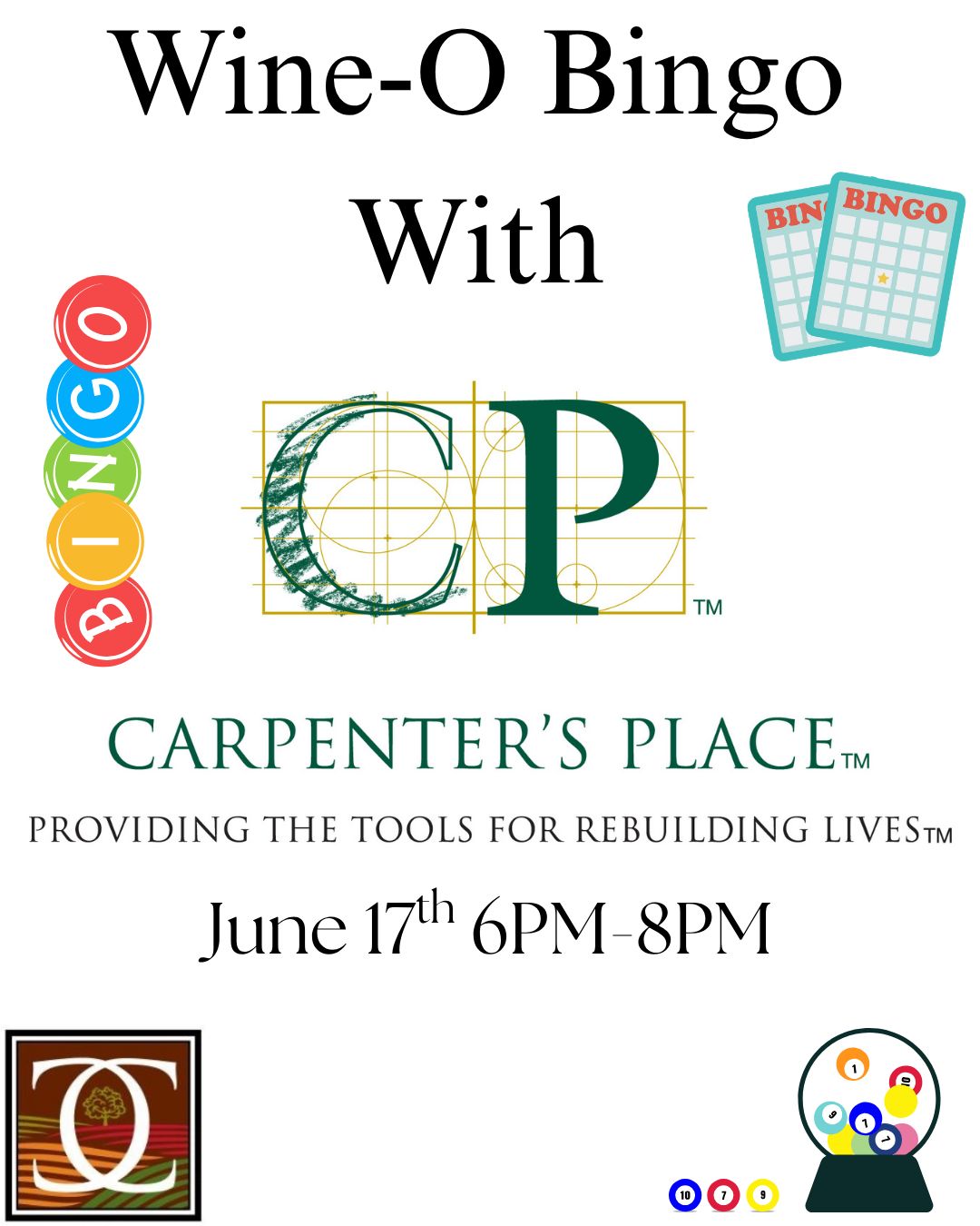 Wine-O Bingo for Carpenters Place June 17th 6-8pm