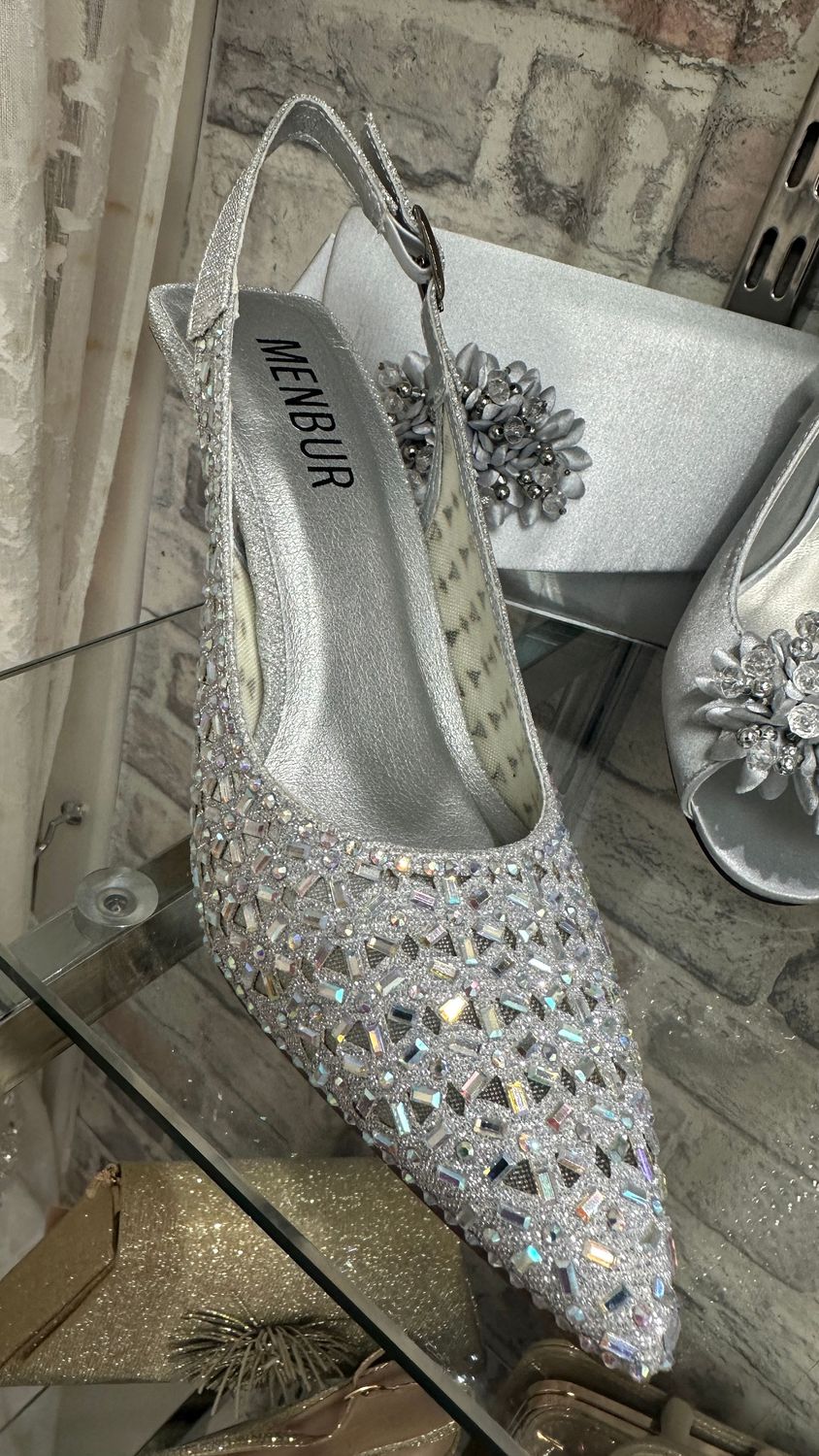 Menbur silver diamante sling back shoe, Size: 3