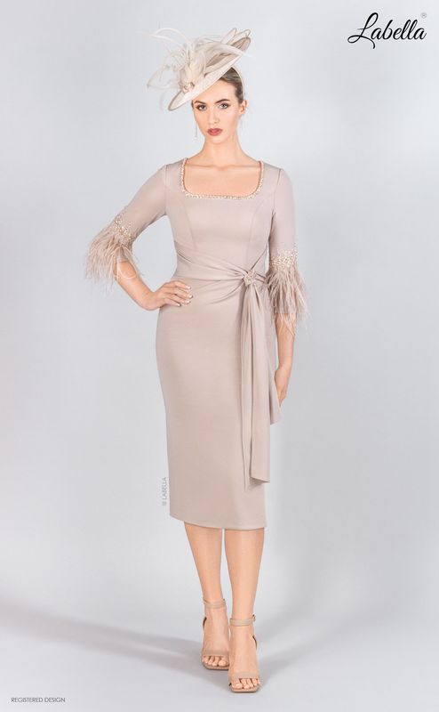 Taupe square neck dress with tie asymmetric waist.