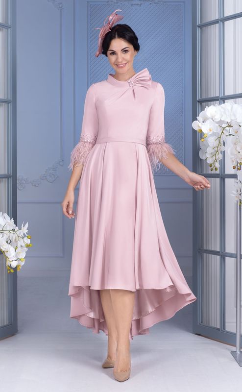 Dusky Pink high-low hemline with feather sleeve details