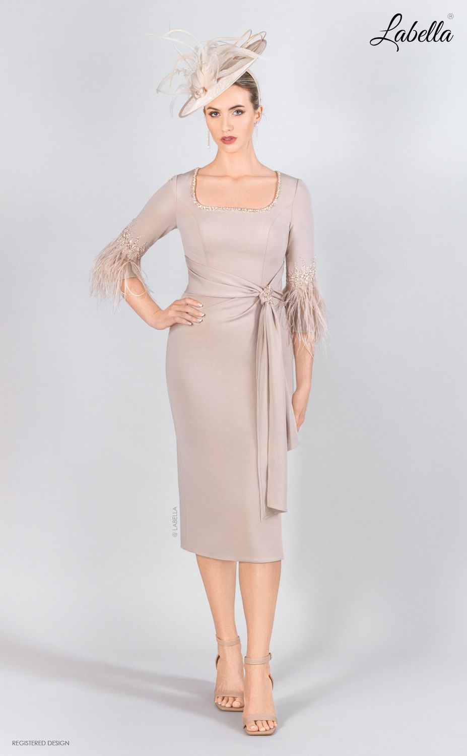 Taupe square neck dress with tie asymmetric waist., Size: 14