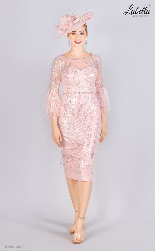 Blush pink diamante and pearl fitted dress with feather sleeve details