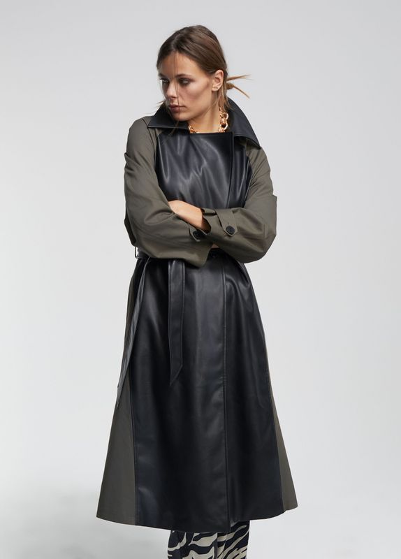Lola Casademunt - Faux Leather contrast trench coat - Black/Khaki - LF2402021