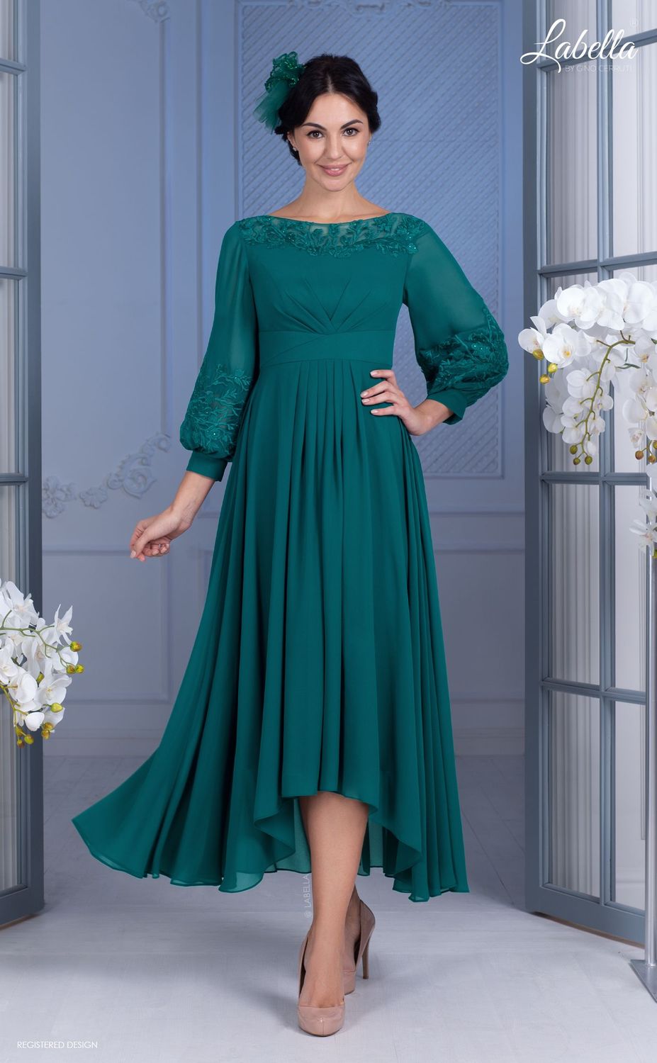 Emerald Green Chiffon A-Line dress with handkerchief hemline.