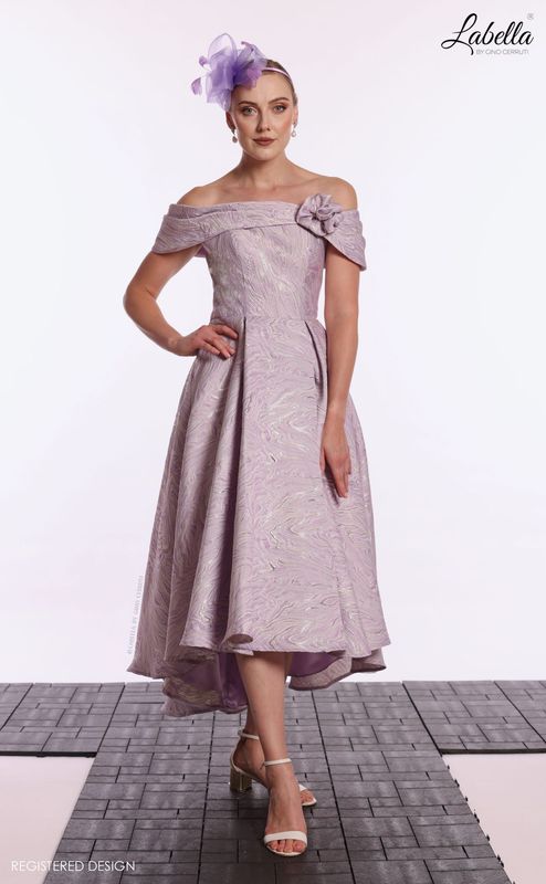 Lilac Embossed with Silver, Bardo style dress with High Low hemline.