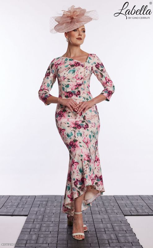 Floral fitted dress with Asymmetric neckline with Pearl detailing and fishtail style hem.