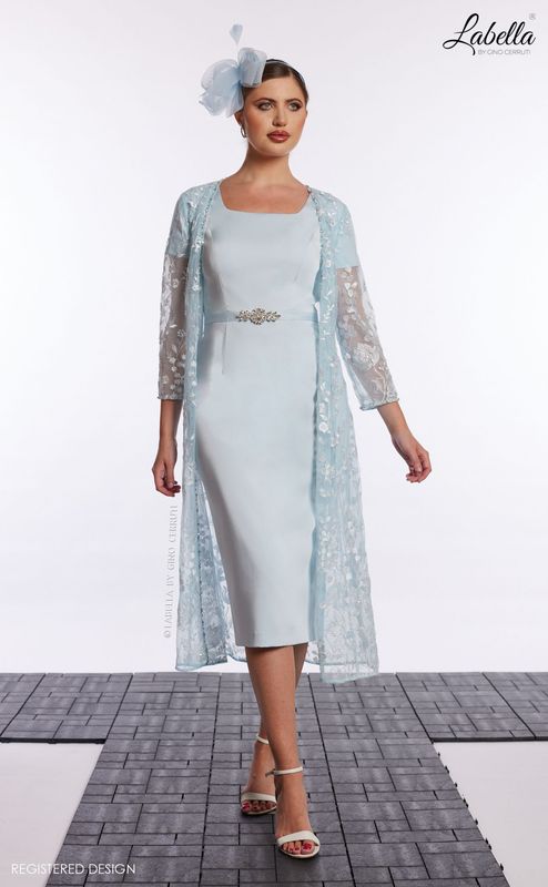 Ice Blue fitted Dress with Lace Over Coat