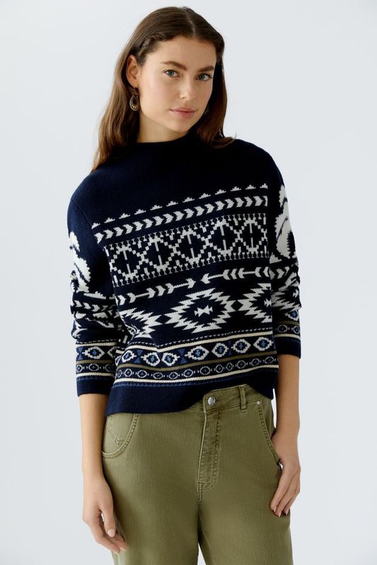 OUI - Navy & Oatmeal Print - Pull Over Jumper - 94309 OUI - Navy & Oatmeal Print - Pull Over Jumper - 94309