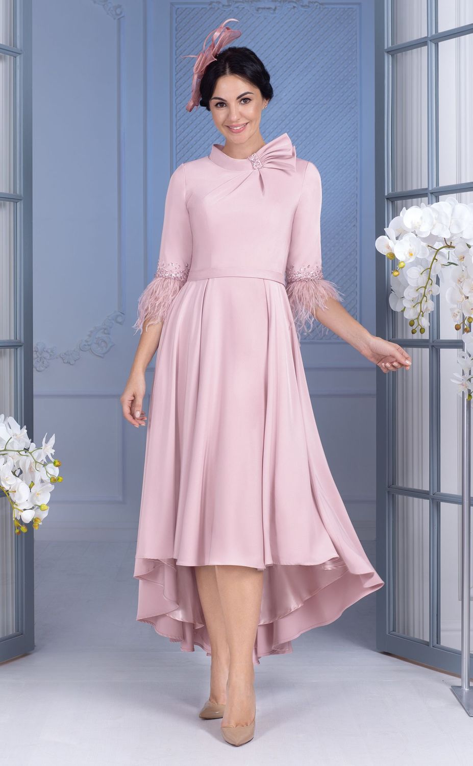 Dusky Pink high-low hemline with feather sleeve details Dusky Pink high-low hemline with feather sleeve details, Size: 14