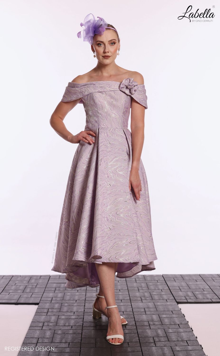 Lilac Embossed with Silver, Bardo style dress with High Low hemline. Lilac Embossed with Silver, Bardo style dress with High Low hemline.